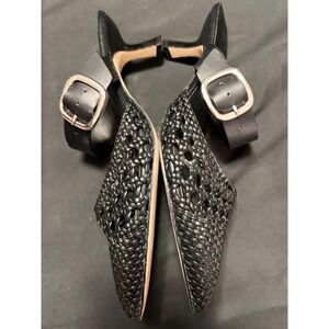 Nordstrom Rack Fawn Woven Pointed Toe Kitten Heel Mules Black Womens 8 EUC